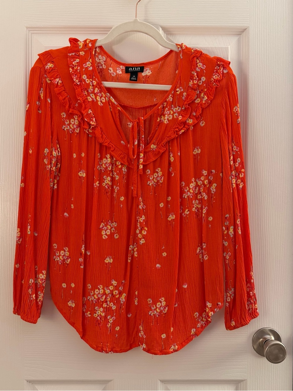 a.n.a Orange Floral Front Tie Long Sleeve Blouse Extra Small